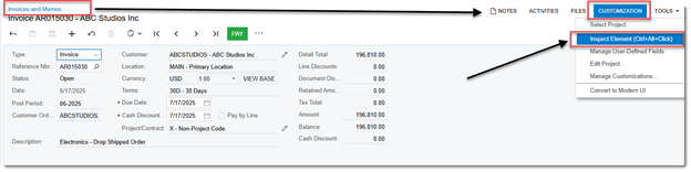 Acumatica Customization menu showing Inspect Element option