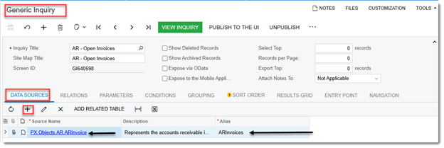 Data Sources tab showing table selection grid