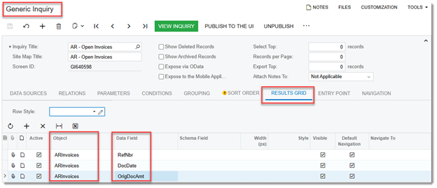 Results Grid tab showing field selection and caption columns