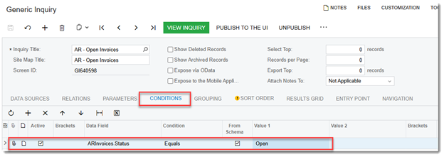 Conditions tab showing filter setup with dynamic parameters